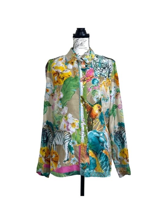 Blumarine Tops - Blumarine Women XL Silk Top Button-Up Floral Jungle Long Sleeve Italian Size 48